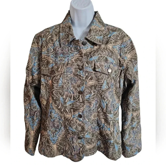Analogy Paisley Print Denim Jacket XL Western Boho Snap Front Stretch Earthy 90s - Picture 2 of 6